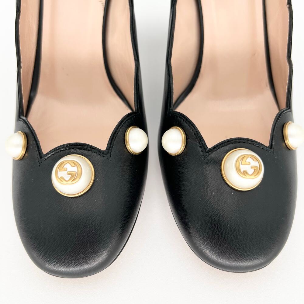 GUCCI Willow Loafer Pumps EU 37.5 US 7.5 Black GG Logo Pearl Scalloped Leather - Picture 6 of 15